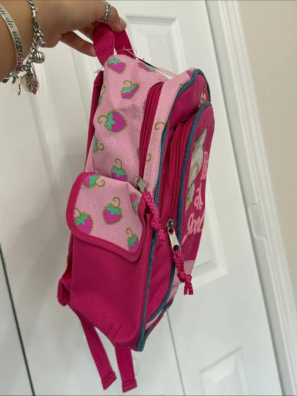 Y2K Cute Strawberry Shortcake 12in small travel backpack with water bottle